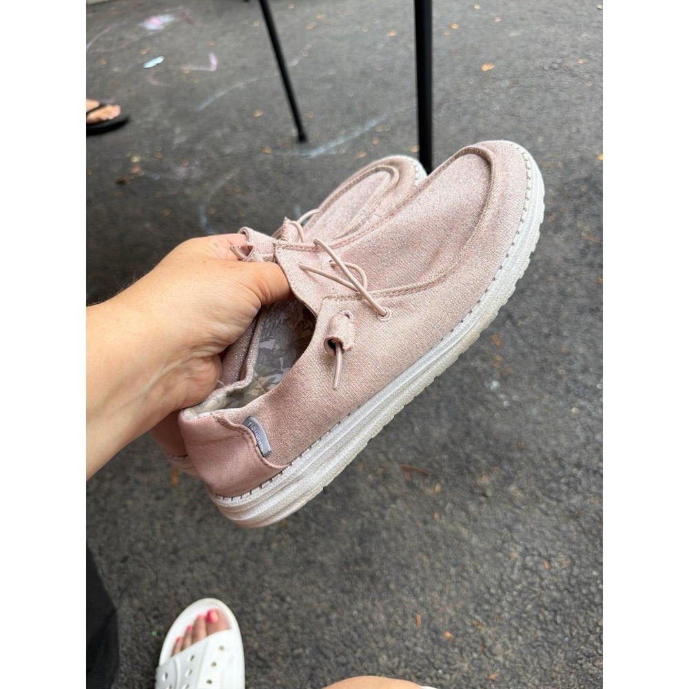 Hey Dude Women's Wendy shoes in a metallic rose gold sparkle 8